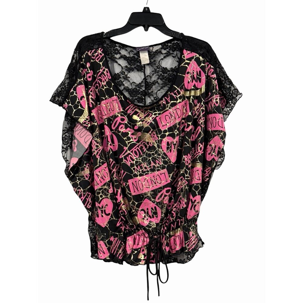 Caren Sport Black Pink Gold Bubble Hem Top Women’s 2X City Graphics Lace Y2K - Picture 16 of 16